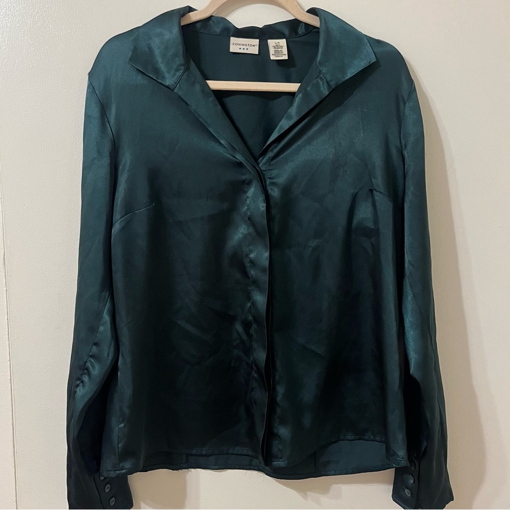 Emerald green satiny button up blouse